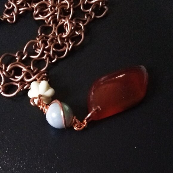 Russet & Brown Agate Beaded Pendant + Copper Chain! Rustic & Rugged Necklace - Picture 3 of 6